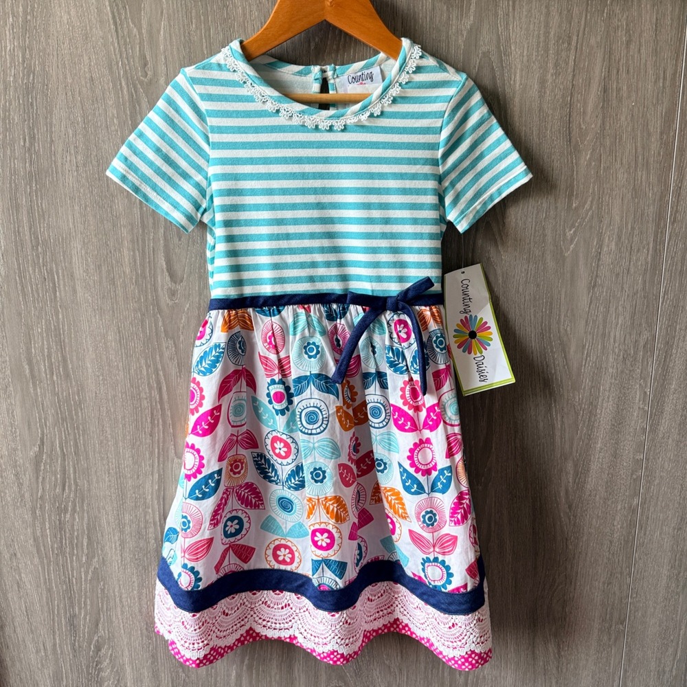 Counting Daisies Floral Striped Dress Girls 6 Teal Pink Boho Cottagecore NWT